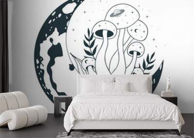 Celestial mushrooms with occult moon. Mystical fungi, fungus. Witchy elements. Wall mural