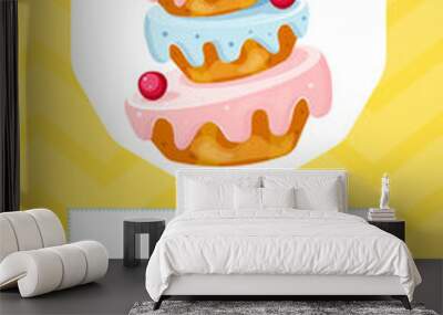 Bakery yellow background. Colorful cake decorated with cherry Wall mural