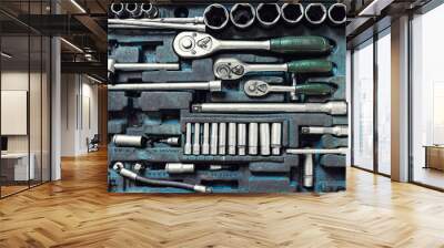 Above view of used greasy old dirty car repair mechanic hand tool set kit vehicle repair and maintencae service. Hardware toolkit with many different garage equipment. Automobile fix background Wall mural