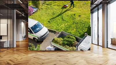 Municipal professional house landscape lawn gardening mowing maintenace and service. City grass yard care cleaning removal equipment gardener van. Lawnmower team worker transport lorry truck Wall mural