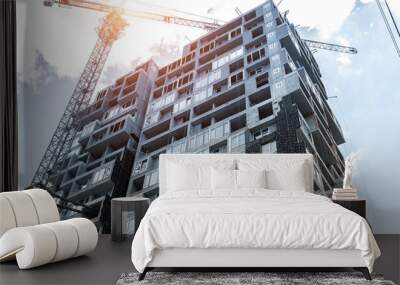 Residential apartment or business office building construction site with external wall facade insulating rockwool for thermal protection and economy. Modern heat thermo efficiency saving technology Wall mural