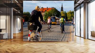 Scenic Dresden cityscape may people riding bikes tram crossing Augustus bridge Elbe river Holy Trinity church Cathedral sunset background. Healthy lifestyle Europe city Germany Saxony capital trip Wall mural