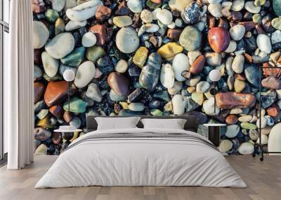 Trendy colorful small sea stone pebble background. Multicolored abstract beach nature pattern Wall mural