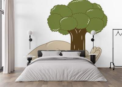 Hand holding tree illustration. save the nature concept. go green design. Wall mural