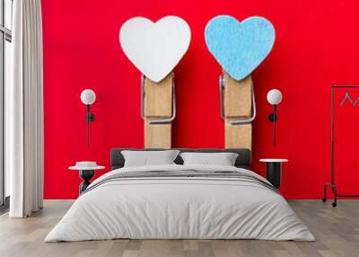 Happy valentines day 2021. Two clothespin with hearts. Postcard Wall mural