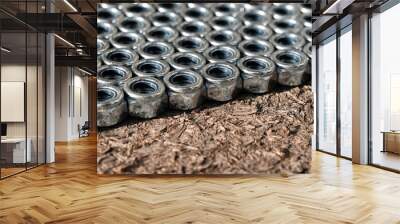 Heap of stainless screw-nuts on wooden background. Background Wall mural