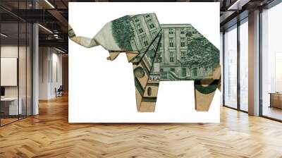 Money Origami Golden ELEPHANT Folded with Real 10 Dollars Bill Isolated on White Background Wall mural