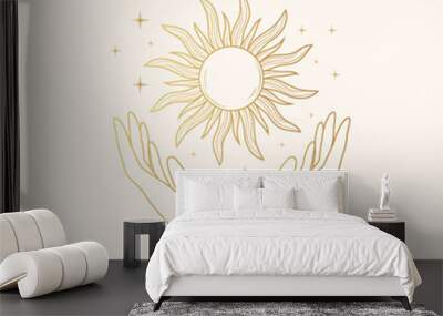 Mystical image of  golden hands holding the sun. Vector esoteric illustration isolated on white. Celestial design for astrology, tarot cards and stickers. Wall mural