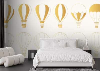 Set of golden hot air balloons silhouettes and outlines. Cute vector gold icons. Sky transport for travel. Wall mural