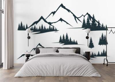 Vector isolated illustration with rocky mountain peak silhouette, fir trees and tree valley. Mountain with forest. Landscape and scenery. Wall mural