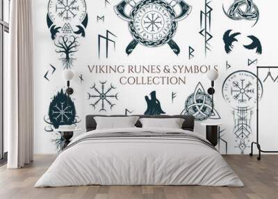 Viking runes and symbols collection.Hand drawn isolated set of  pagan norse sign vegvisir, fenrir, celtic tree of life, viking weapons. Scandinavian vector illustration. Wall mural