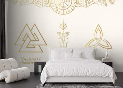 Viking runes and symbols golden collection. Hand drawn isolated set of  pagan norse sign vegvisir, valknut, triquetra, runic circle. Scandinavian vector illustration. Wall mural