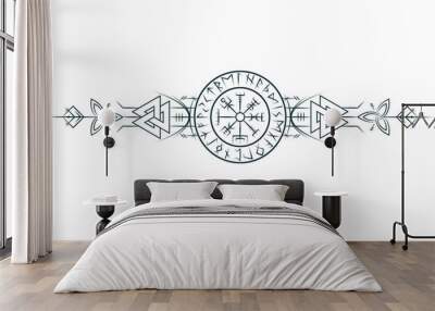 Viking symbol  vegvisir. Magic runic compass, in a circle of Scandinavian runes. Vector illustration for  tattoo, print and t-shirt design. Wall mural