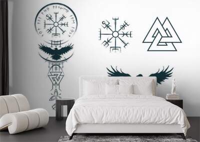 Viking symbols and runes isolated set. Scandinavian  vector illustration of vegvisir, triquetra, valknut and raven for print, tattoo, web and t-shirt design Wall mural