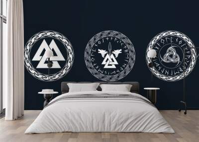 Viking symbols set. Three isolated  icons of pagan norse sign valknut, giant wolves and skaldenment on a black background. Scandinavian vector illustration.  Wall mural