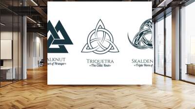 Viking symbols set. Three isolated  icons of pagan norse sign valknut, triquetra and skaldenment. Scandinavian vector illustration for tattoo, print and t-shirt design. Wall mural