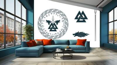 Viking symbols valknut, giant wolves and a spear  in a circle of Scandinavian runes. Vector isolated illustration in celtic style for  tattoo, print and t-shirt design. Wall mural