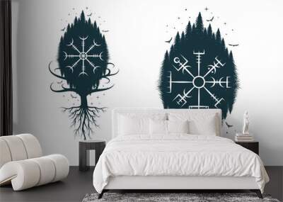 Viking symbols vegvisir, aegishjalmur, tree of life and ravens. Scandinavian vector illustration. Wall mural