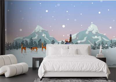 Winter walk of the family through the winter forest in the mountains to the wild deer. Christmas winter landscape. Vector illustration Wall mural