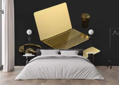 Minimalistic illustration of a golden laptop and accessories. 3D illustration Wall mural