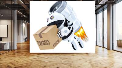 Rocket Delivery Robot flying with package. Isolated. Contains cl Wall mural