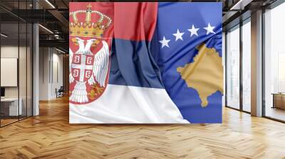 Ruffled Flags of Serbia and Kosovo. 3D Rendering Wall mural