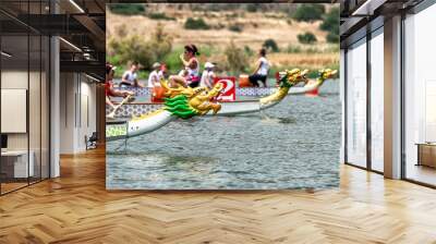 Three Dragon boats on the start line Wall mural