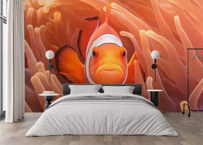 A close-up of a vibrant clownfish swimming gracefully among colorful sea anemones, its bright orange and white stripes contrasting with the soft tendrils of the anemone. Wall mural