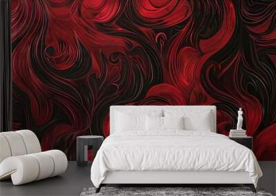 A sophisticated wallpaper design in red and black, with elegant, flowing lines and intricate details Wall mural