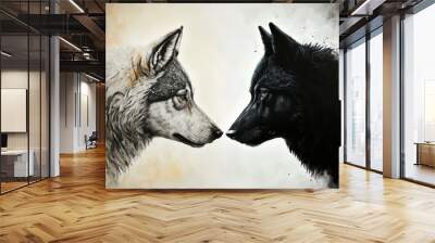 Ai generated illustration of a two wolf, black wolf and white wolf Wall mural