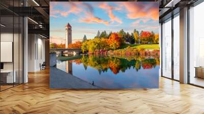 colorful autumn sunset at riverfront park along the spokane river in downtown spokane, washington, u Wall mural