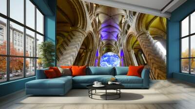 Interior view of the Norman style Durham Cathedral with the detailed 3 dimensional Earth replica hanging inside, in Durham, England, UK. Wall mural