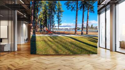 Late autumn view of the Q'emiln Park beach, playground and public park and grass area with the Spokane River and a new condominium complex in view in rural Post Falls, Idaho, USA. Wall mural