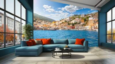 The harbor and port at the Greek island waterfront village of Hydra, one of the Saronic islands of Greece. Wall mural