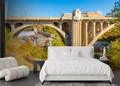 The Monroe Street Bridge, with the Lower Falls visible along the Spokane River and the downtown Riverfront Park skyline behind, on the Centennial Trail in Spokane, Washington. Wall mural