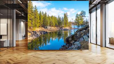 The Spokane River runs towards the Post Falls dam in the city of Post Falls Idaho in the Northwest of the United States. Wall mural