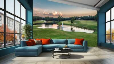 Golf Course with Pond and Water Fountain Wall mural