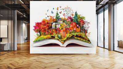  Enchanting open book with a detailed pop-up autumn landscape, symbolizing the magic of storytelling Wall mural