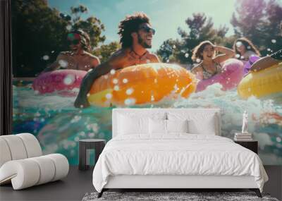  Joyful friends enjoying a summer day floating in a pool with bright orange inner tubes Wall mural