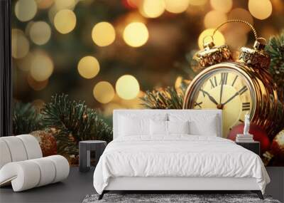 A clock surrounded by Christmas decorations, creating a festive and cheerful atmosphere. Wall mural