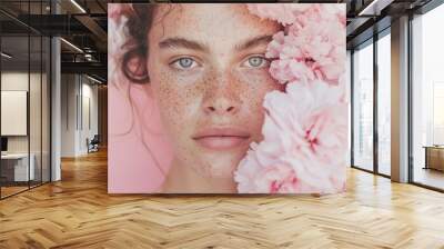 A close-up portrait showcasing a person's face near a pink carnation flower. The focus is on the eyelashes, skin, and eyebrow details. Wall mural