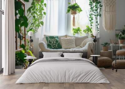 A cozy living room with a couch, houseplant, vase, pillow, and window in a tastefully decorated interior featuring wicker furniture and potted plants. Wall mural