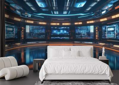 A futuristic room with multiple screens and a large screen. Wall mural