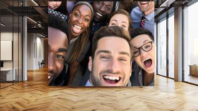 A group of happy people posing for a selfie, laughing and smiling together. Some wearing sunglasses, one woman in a tie, all showing genuine friendship. Wall mural