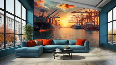 A large ship sails at sunset with a crane unloading cargo from a barge onto a boat. Wall mural