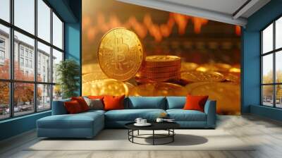 A stack of Bitcoin coins on a reflective surface, symbolizing digital currency and financial technology innovation. Wall mural