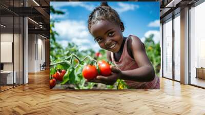 A young girl smiles while picking tomatoes in a field. Wall mural