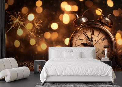 An alarm clock amidst sparkles, signaling morning magic. Wall mural