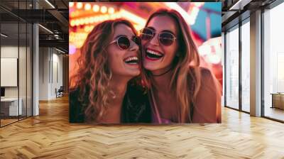 Best Friends Laughing Together at Carnival with Neon Lights Wall mural