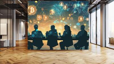 Business Team Meeting with Cryptocurrency and Blockchain Network Concept Background Wall mural